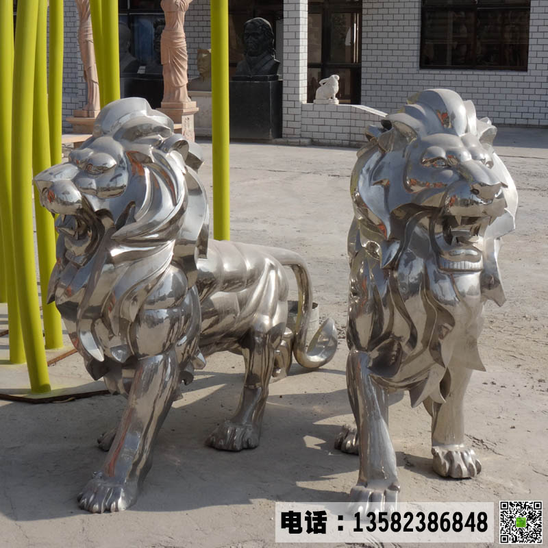 鏡面不銹鋼獅子雕塑圖片,雕塑不銹鋼制作廠家,支持定做不銹鋼動物雕塑造型